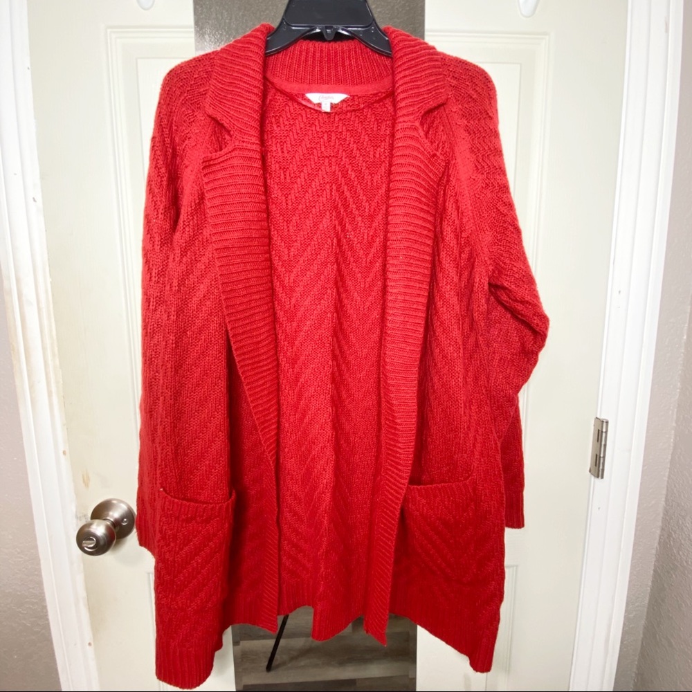 Candie’s XL Red Cardigan with pockets.